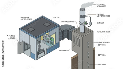 Diagram illustrating an industrial air pollution monitoring station with a control center and chimney.