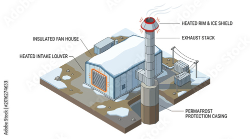 Diagram illustrating an industrial building with an exhaust stack designed for cold climates, featuring insulation and permafrost protection.