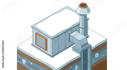Isometric illustration of a ventilation system for an industrial building, showing underground pipes and a chimney.