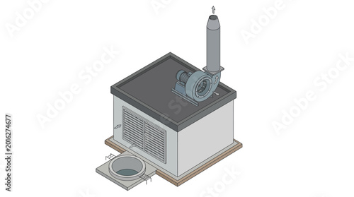 Isometric illustration of an industrial air handling unit with a fan and chimney on a platform.