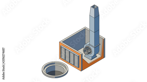 Isometric illustration of an industrial air handling unit with a fan and chimney on a platform.