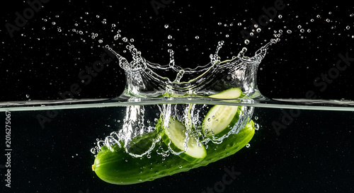 Fresh Green Cucumber Slices Falling into Water with Splash and Droplets on Black Background