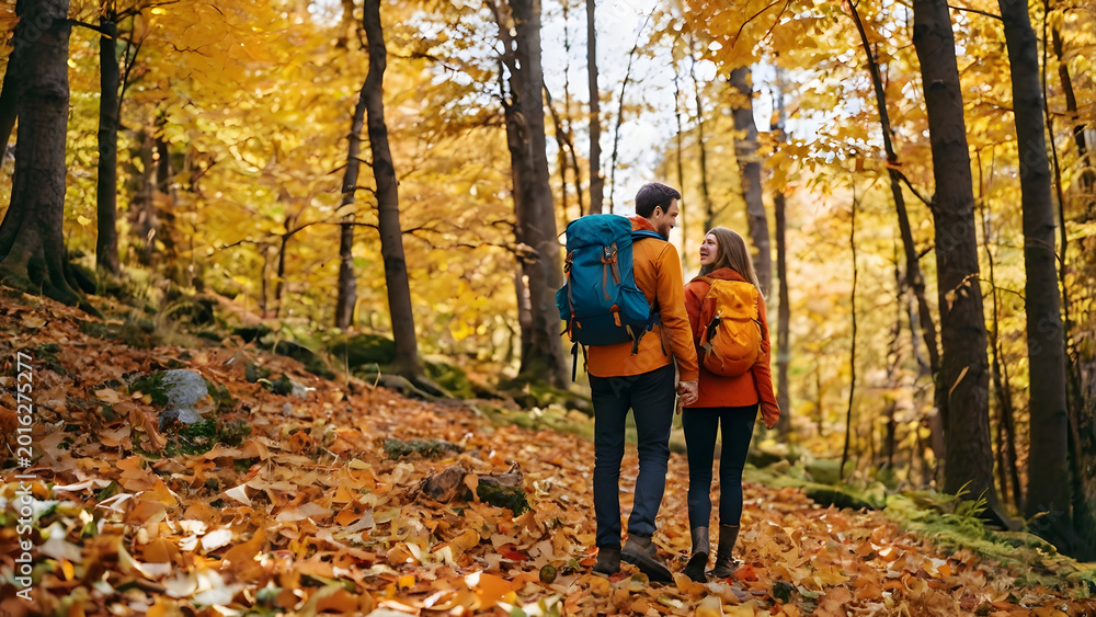 Fototapeta premium man walking in autumn forest, Adventure couple hiking in autumn mountain forest colorful orange leaves natural lifestyle photography