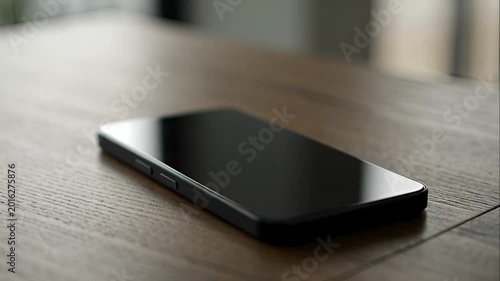 Smartphone on wooden table surface.