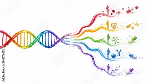 A double-helix rainbow diverging into paths, illustrating personalized healthcare solutions.