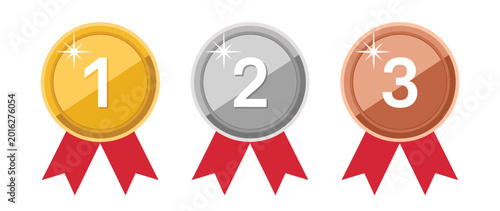 Foto medals golden silver bronze ranking award set, 1st 2nd and 3rd place symbols, winner achievement and competition concept, sports victory icons, clean modern vector illustration