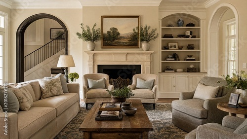 Elegant living room interior with fireplace and seating.