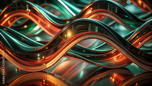Futuristic abstract wave background, glowing metallic liquid curves in orange and teal, cinematic 3D flowing lines with light reflections