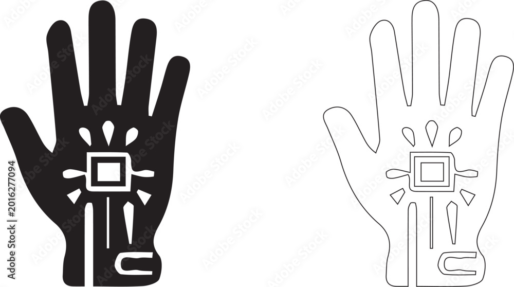 Obraz premium Human hand with embedded microchip technology icon set representing cybernetic enhancement and future digital identification.