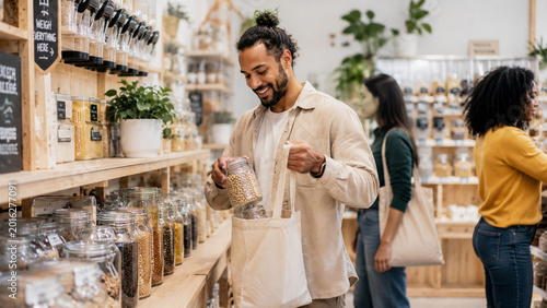 man shopping in mall with sustainable product