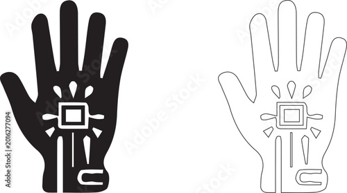 Foto Human hand with embedded microchip technology icon set representing cybernetic enhancement and future digital identification