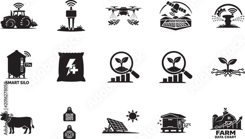 Bild auf Leinwand Smart agriculture icon set with modern farming technology and precision agriculture symbols