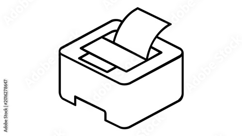 Professional office laser printer vector icon featuring a sleek white machine with a fresh sheet of paper emerging from the tray, perfect for business and administrative workspace illustrations.