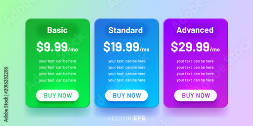Modern UIUX pricing table with three vibrant subscription plans.