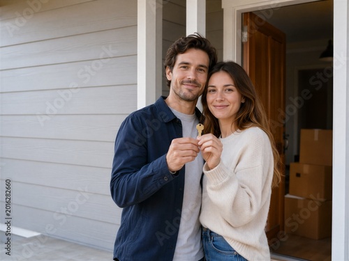 Young Couple Holding House Key on Front Porch for Real Estate Marketing