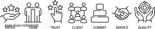 Business core values line icons set rated, team, trust, client, commit, service, quality isolated on white background
