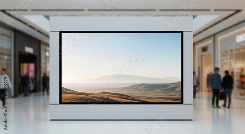 Large digital advertising mockup screen in a modern shopping mall with a landscape view of mountains