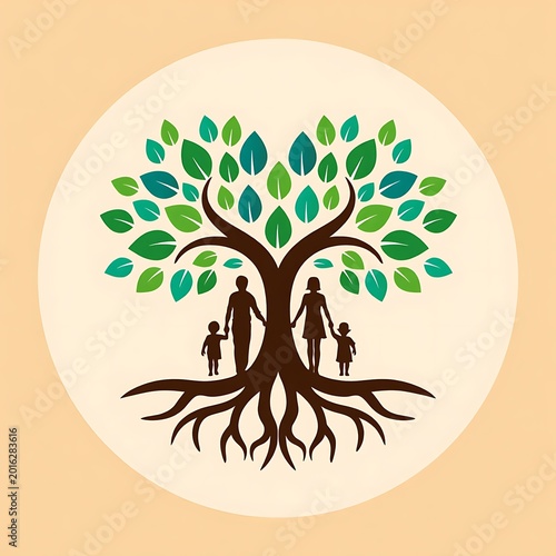Family people standing under tree with green leaves and roots  symbol of unity and growth