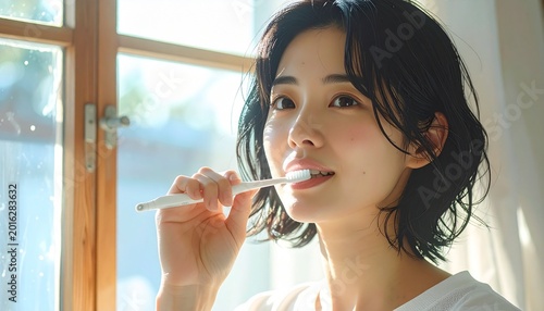 朝の口元ケアをする大人女性