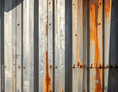 Corrugated metal sheet with streaks of rust and patina, showing texture and wear