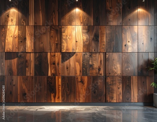 Luxurious modern interior with a rich, dark brown wooden panel wall, dynamically lit by elegant spotlights, showcasing natural grain and a sophisticated design aesthetic