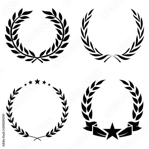Set of Black Silhouette Laurel Wreaths with Stars and Ribbon for Awards, Victory, and Achievement Emblems