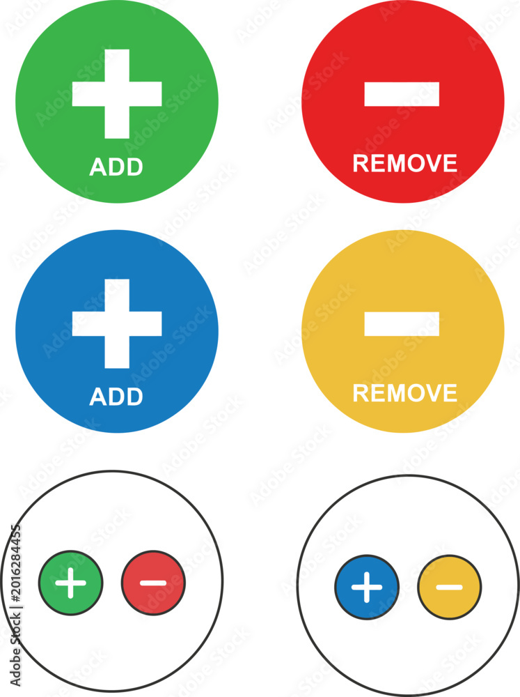Obraz premium Colorful add and remove buttons in various combinations isolated on transparent background