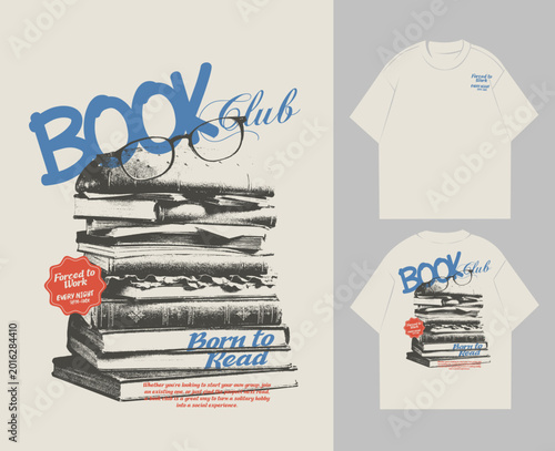 Tableau sur toile Book Club Slogan With Book Burger vintage illustration