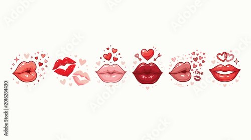 Foto Cute Red and Pink Lips Icon Set with Hearts and Kiss Symbols for Valentine's Day