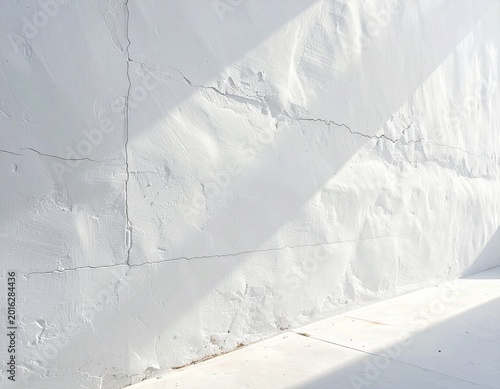 Abstract White Textured Wall with Diagonal Sunlight Shadows and Cracks for Minimalist Backgrounds