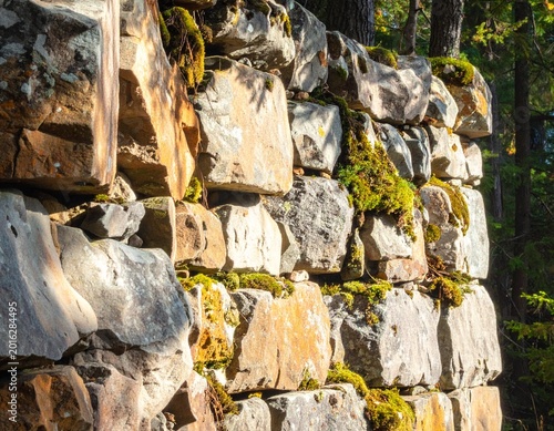 Ancient stone wall covered in moss and lichen, with sunlight filtering through the trees, highlighting the texture and natural beauty of the weathered rocks