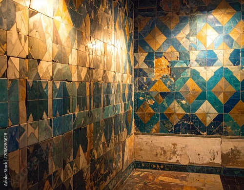 Worn geometric patterned tiles in faded blue, yellow, and white hues intricately cover the walls of an ancient architectural space, reflecting historical artistry and cultural depth