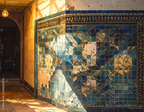 Sunlit corner of an aged building, displaying intricate blue and green mosaic tiles that tell a story of historical artistry and the beautiful effects of time