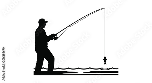Foto Fisherman with fishing rod and caught fish black silhouette