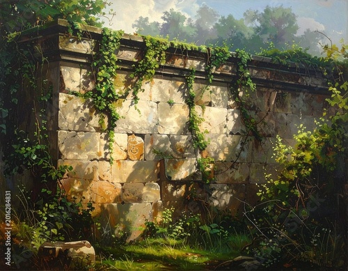 A sun-dappled ancient stone wall, partially covered in lush green ivy, stands amidst overgrown foliage under a bright sky, evoking a sense of history and nature's reclamation