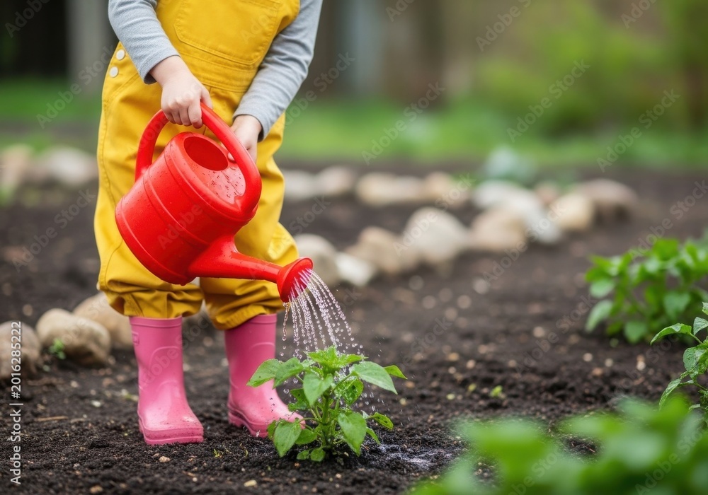 Fototapeta premium Child watering plant with red watering can watering gardening