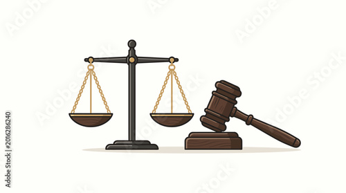 Foto Justice Balance Scales with Wooden Gavel Cartoon Illustration Render