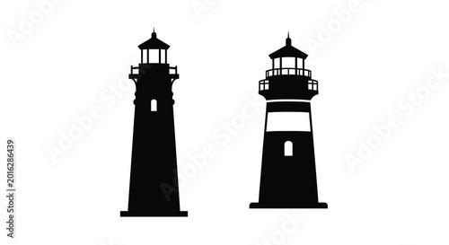 Tableau sur toile Two lighthouse silhouettes against a white background silhouette high quality