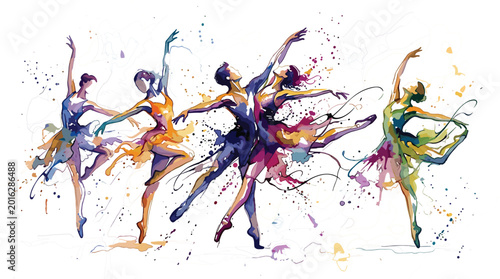 Foto Vibrant Watercolor Ballet Dancers in Dynamic Poses with Colorful Paint Splashes