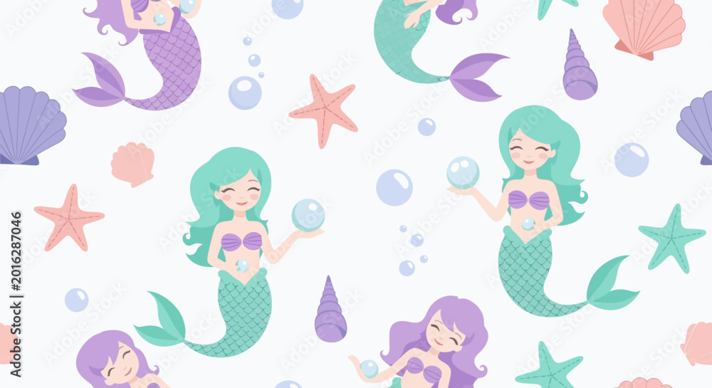 Fototapeta premium cute mermaid seamless pattern with starfish and shells bubbles fantasy ocean background