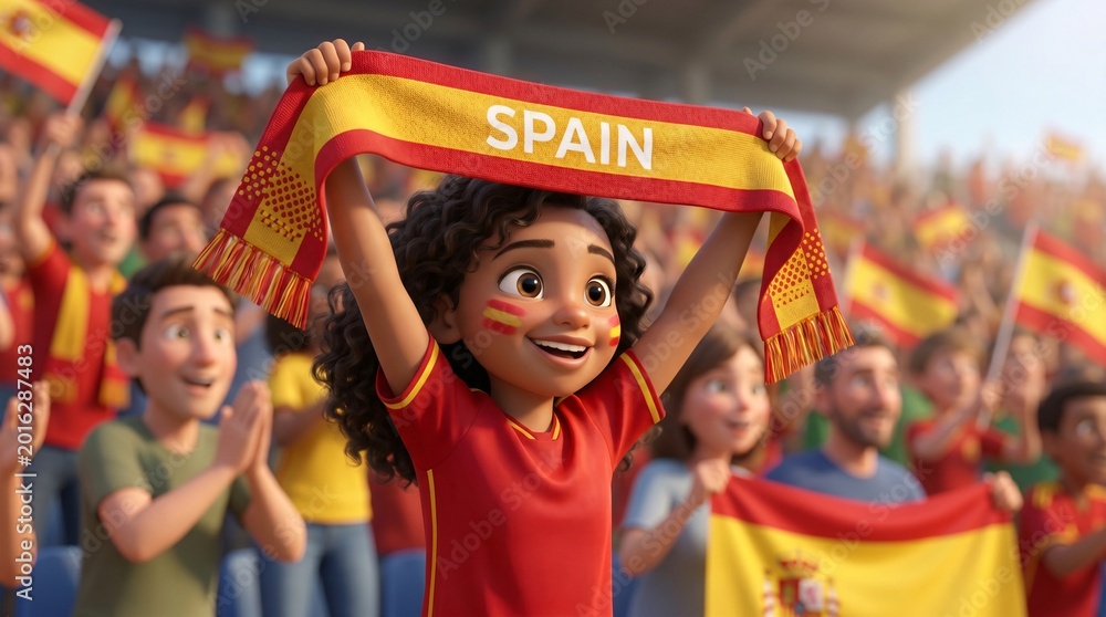 Fototapeta premium A cartoon Spanish football fan supports the national team at the stadium, raising a 