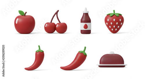 Fresh produce items including an apple, cherries, strawberry, chili peppers, and condiments are presented as a set of colorful 3D icons.