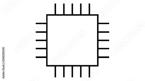 Square black microchip integrated circuit vector icon with silver pins on all sides, depicting advanced semiconductor technology and electronic component design for hardware illustration.