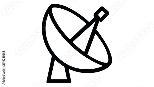 Sleek parabolic satellite dish vector icon positioned for advanced telecommunications and long-range signal reception, professional flat minimalist tech hardware illustration on white surface.