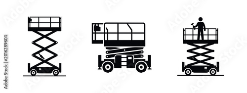 Foto Construction lifting equipment icons featuring scissor lift and boom lift aerial work platforms
