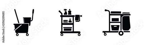 Photos Professional cleaning cart and equipment icons featuring janitorial trolley and mop bucket