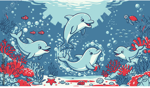 Photography Cute Dolphins Underwater Cartoon Ocean Vector Illustration