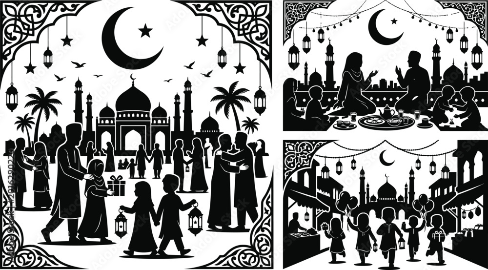 Fototapeta premium ramadan silhouette illustration with crescent moon and festive scene