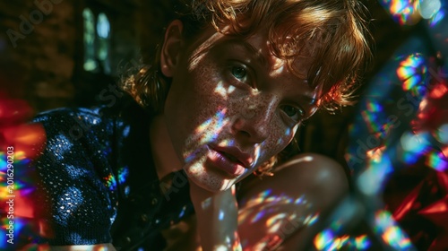 A close up portrait of a young woman with freckles illuminated by colorful light refractions