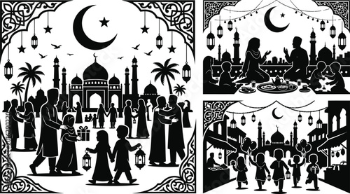 Fotografia ramadan silhouette illustration with crescent moon and festive scene